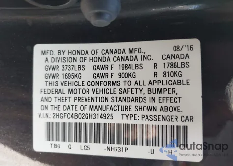 2016 Honda Civic Lx-P from USA, damaged, VIN 2HGFC4B02GH314925